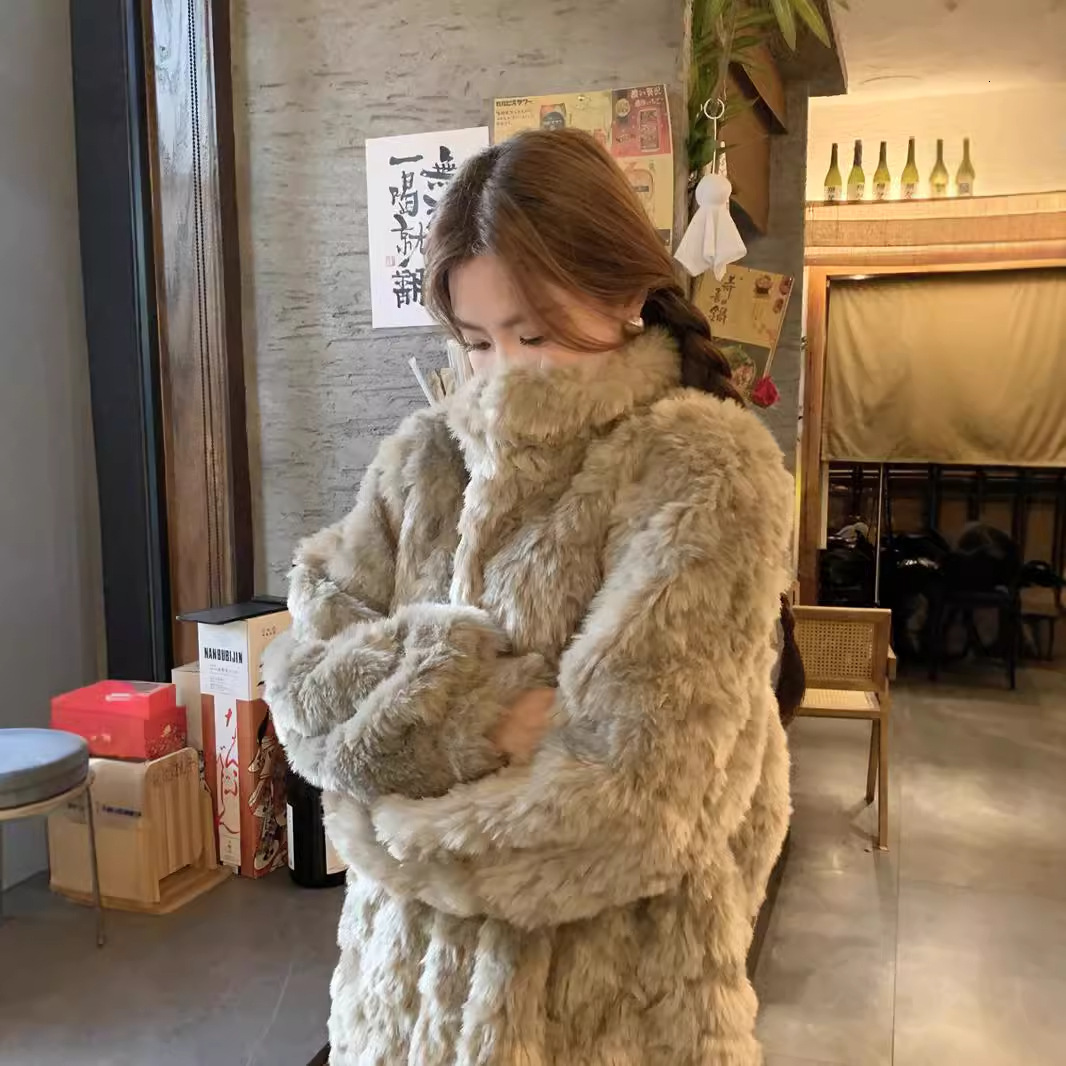 2024 winter standing collar lambhair jacket women's clothing Korean fashion medium long fur loose casual plush clothes