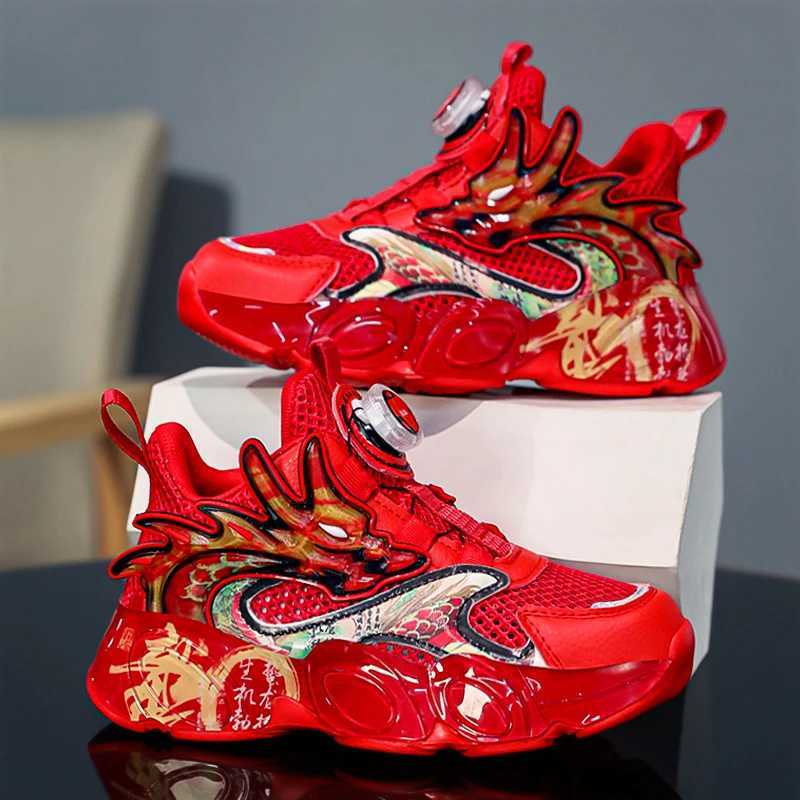 Boys sports shoes 2025- Red Dragon design sports shoes breathable mesh with rotating buckle fashionable basketball and running shoesXJ250318