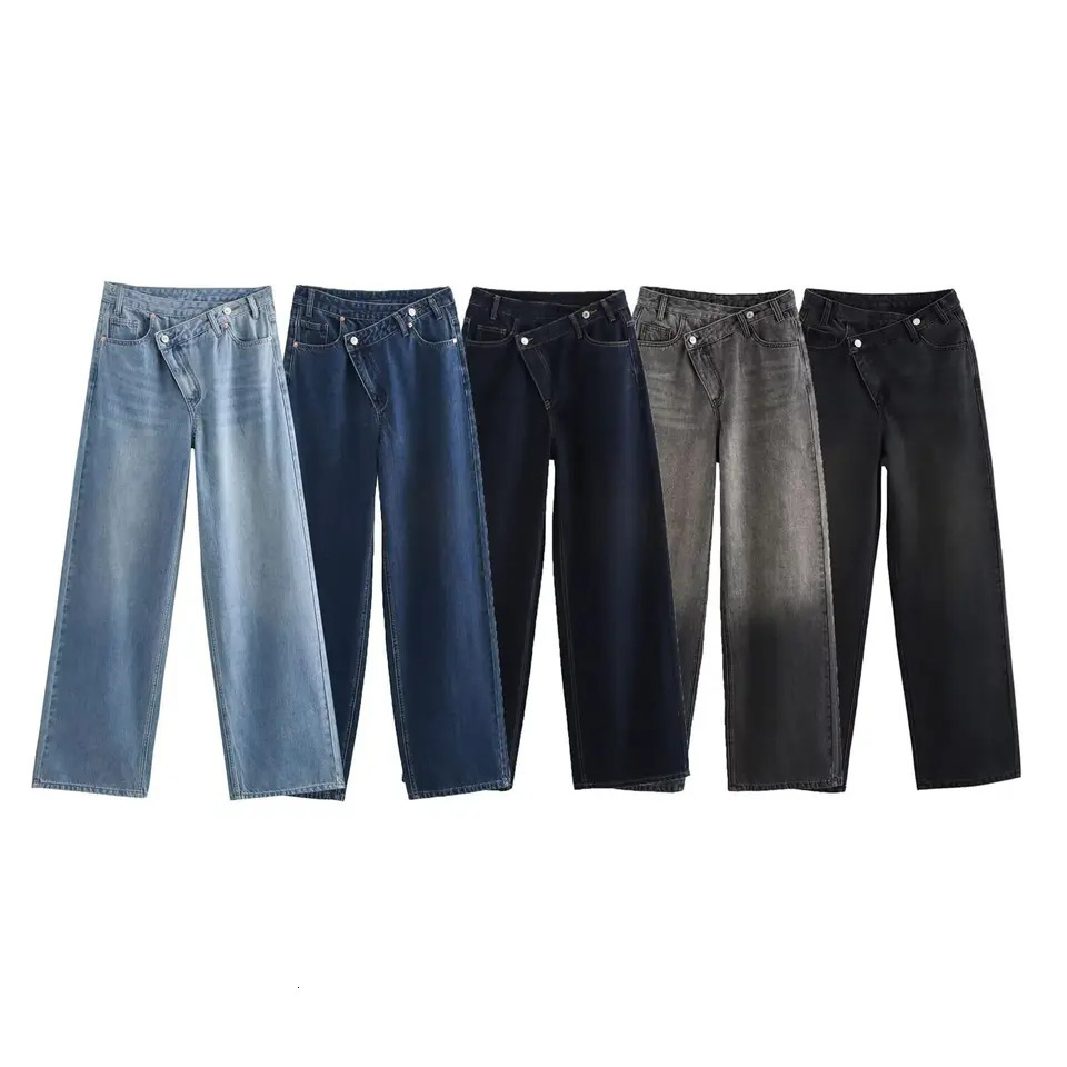 ETJ Womens Basic Classic Full Match Fashion Cross Waist High TRAF Wide Leg Jeans 8197232 250317