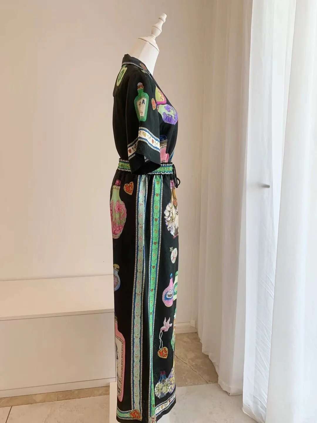 Women Colorful Bottle Printed Notched Single Breasted Casual Blouse Or Drawstring Elastic Waist Wide Leg Long Pants