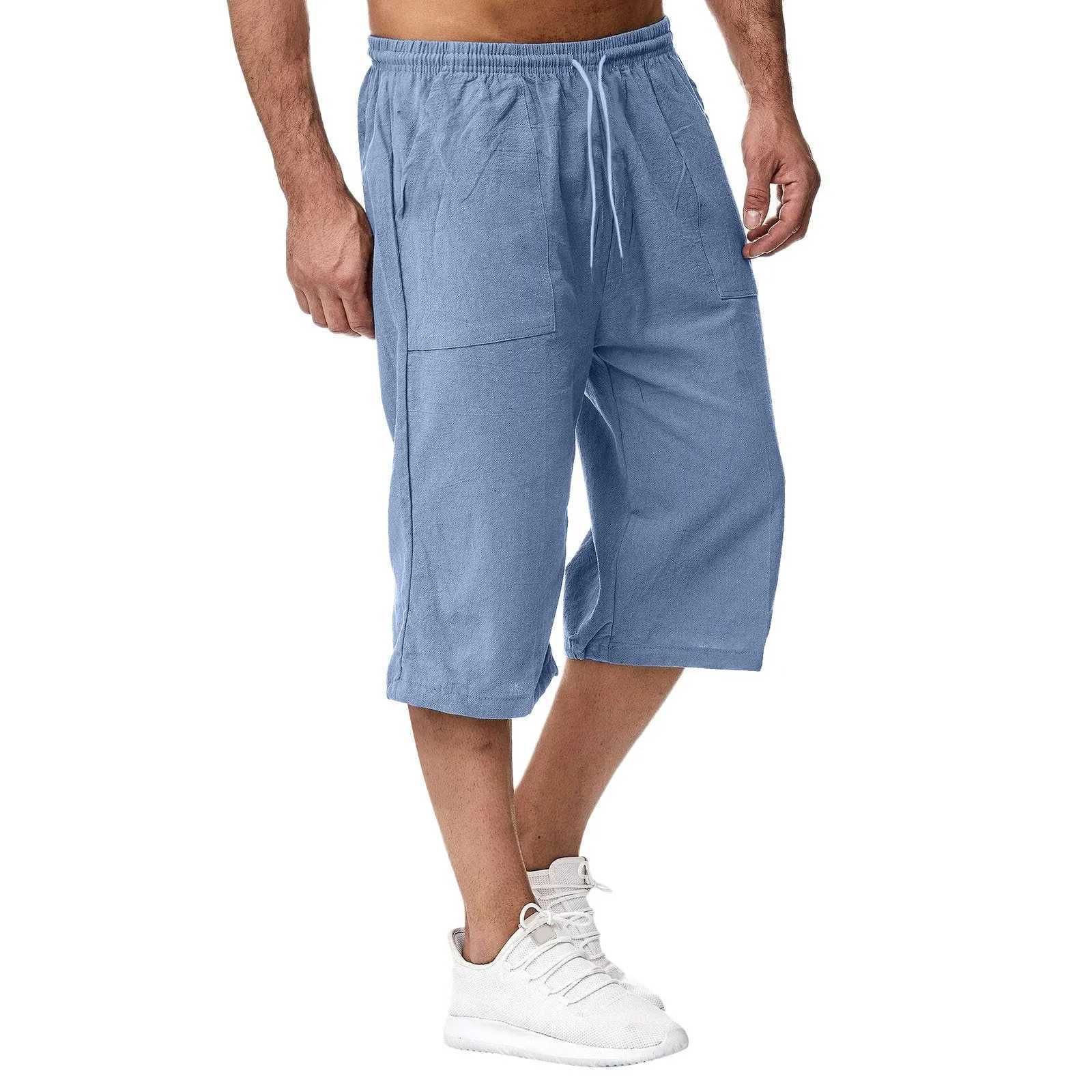 Mens casual shorts solid color sports knee length elastic waist breathable wide leg seven point mens holiday pants W250318