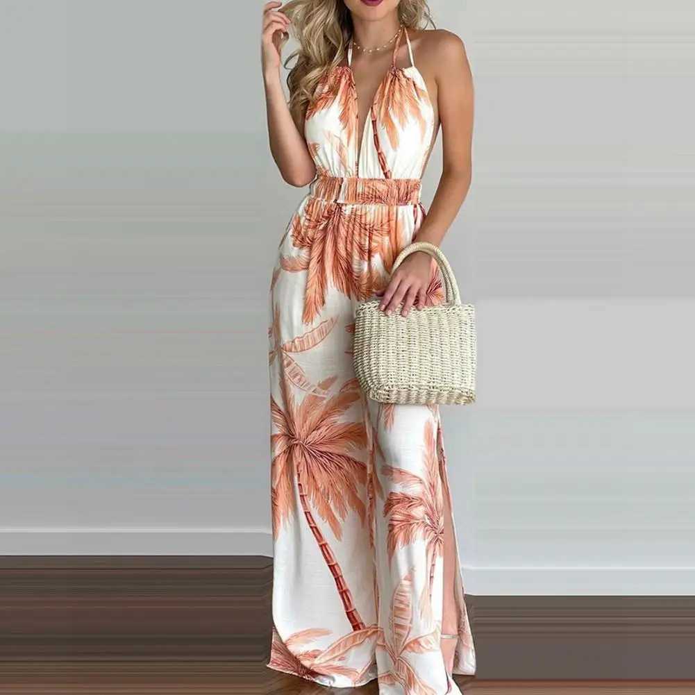 Women Summer Sexy Floral Print Jumpsuits Boho Slveless Backless Wide Leg Long Overalls Rompers Female Loose Overalls Jumpsuit X250318