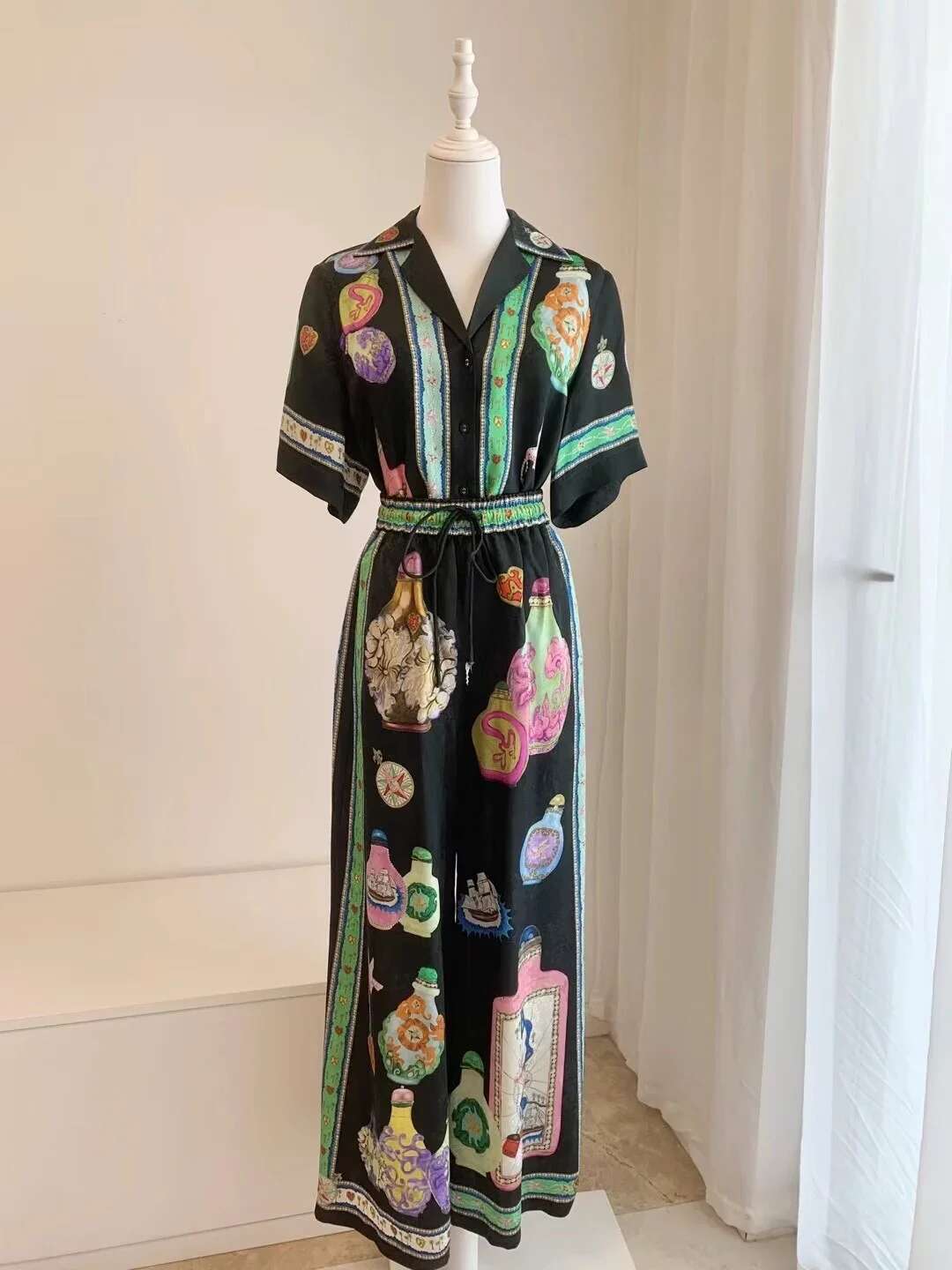 Women Colorful Bottle Printed Notched Single Breasted Casual Blouse Or Drawstring Elastic Waist Wide Leg Long Pants