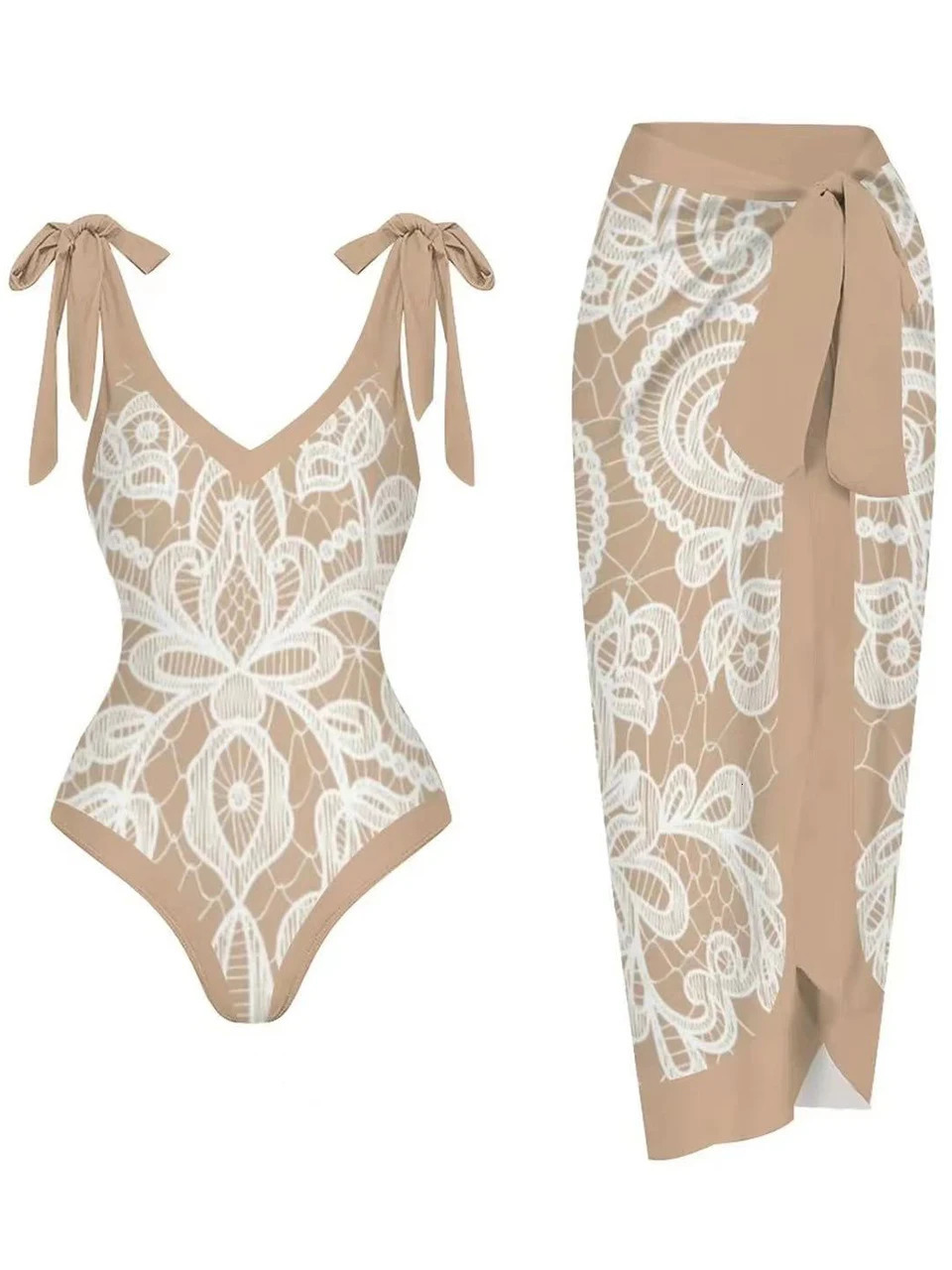 Vintage V Neck Swimsuit With Beach Dress Women One Piece Print Swimwear Female Bathing Swimming Suit Summer Wear sxl 250314