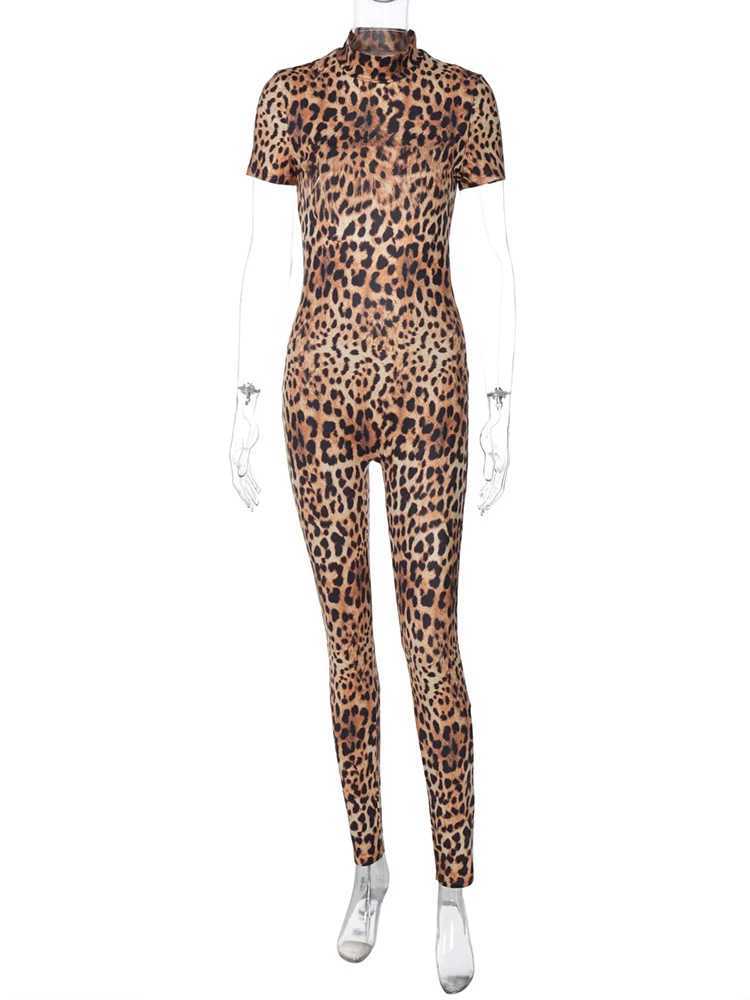 Sibybo backless leopard print jumpsuit for women fashionable semi high neck short Slve slim fit bodysuit party jacket X250318