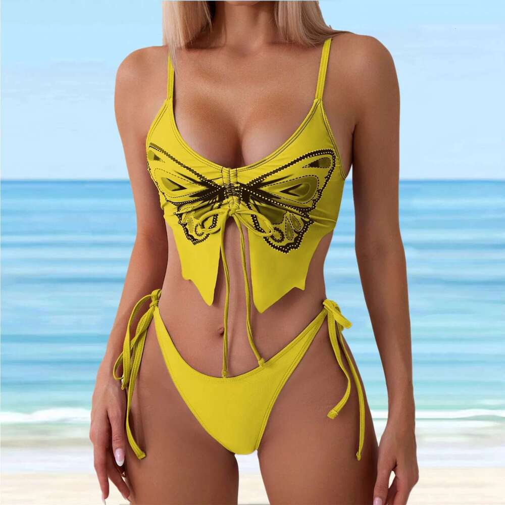Two piece swimsuit, sexy, push up, butterfly print, cute, split style, two-piece set, high waist, beach, 2024