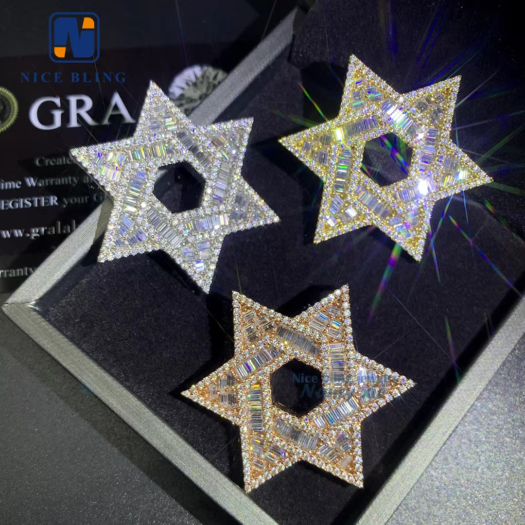 Trendy Jewelry Iced Out S925 Hexagonal Star Moissanite Hip Hop Pendant Custom Vvs Diamond Moissanite Pendant