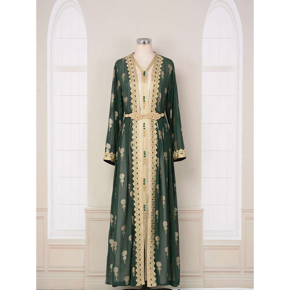 Mt029 Arab Clothing Robe Embroidered Cardigan Vest Two-Piece Set Dress