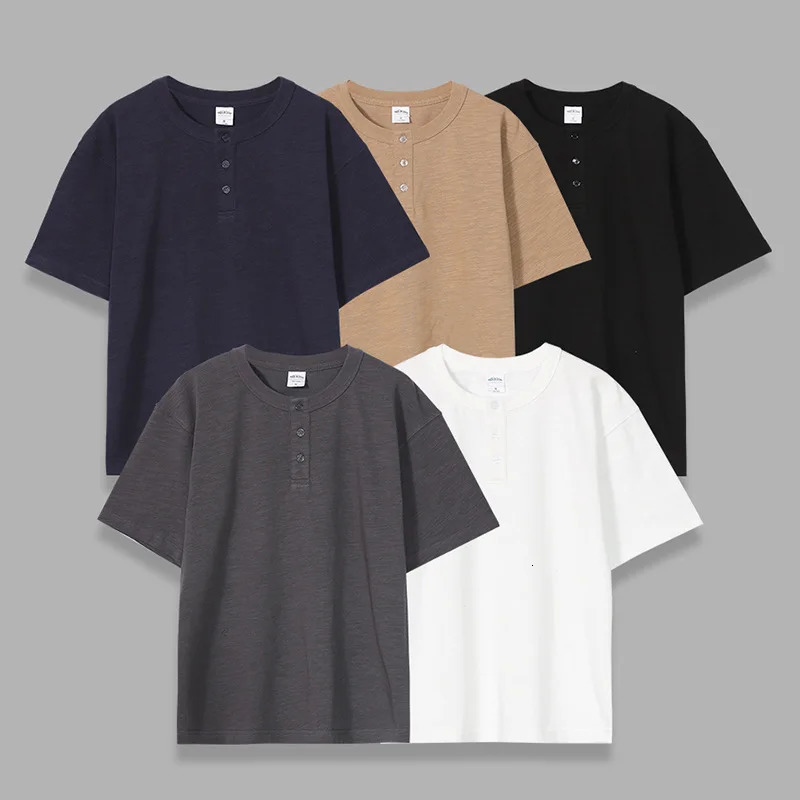 Mens Short Sleeve T-Shirt American Heavyweight 320g Slub Cotton Washed Loose Solid Color Henley Neck Tee Shirts Mens Clothing 250317