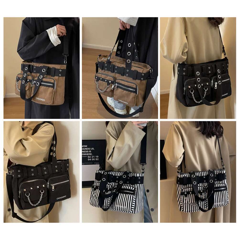 Women Rockabilly Shoulder With Chain Canvas Rivet Tote Handbag Zipper Closure Punk Style Sg Rock Girls Daily Bag