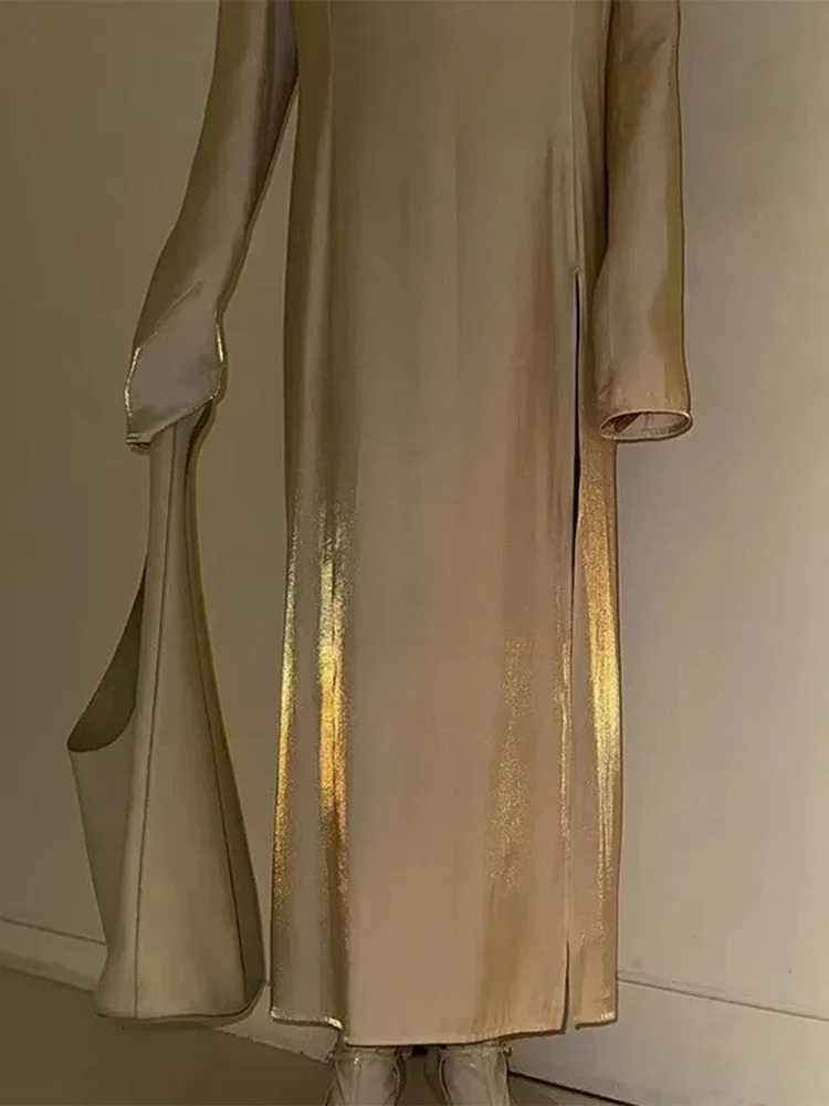 Glitter Party Long Dress Women Sexy V-neck High Split Female Dresses 2025 Spring Summer Street Elegant Full Sleeves Lady Robe 250318