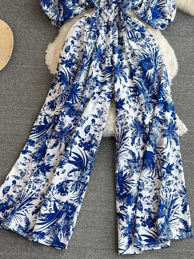 Summer Womens Sexy V-neck Puff Slve Printed Womens jumpsuit Black/Red/Blue/Yellow Wide Leg jumpsuit Resort Beach New Fashion X2503181