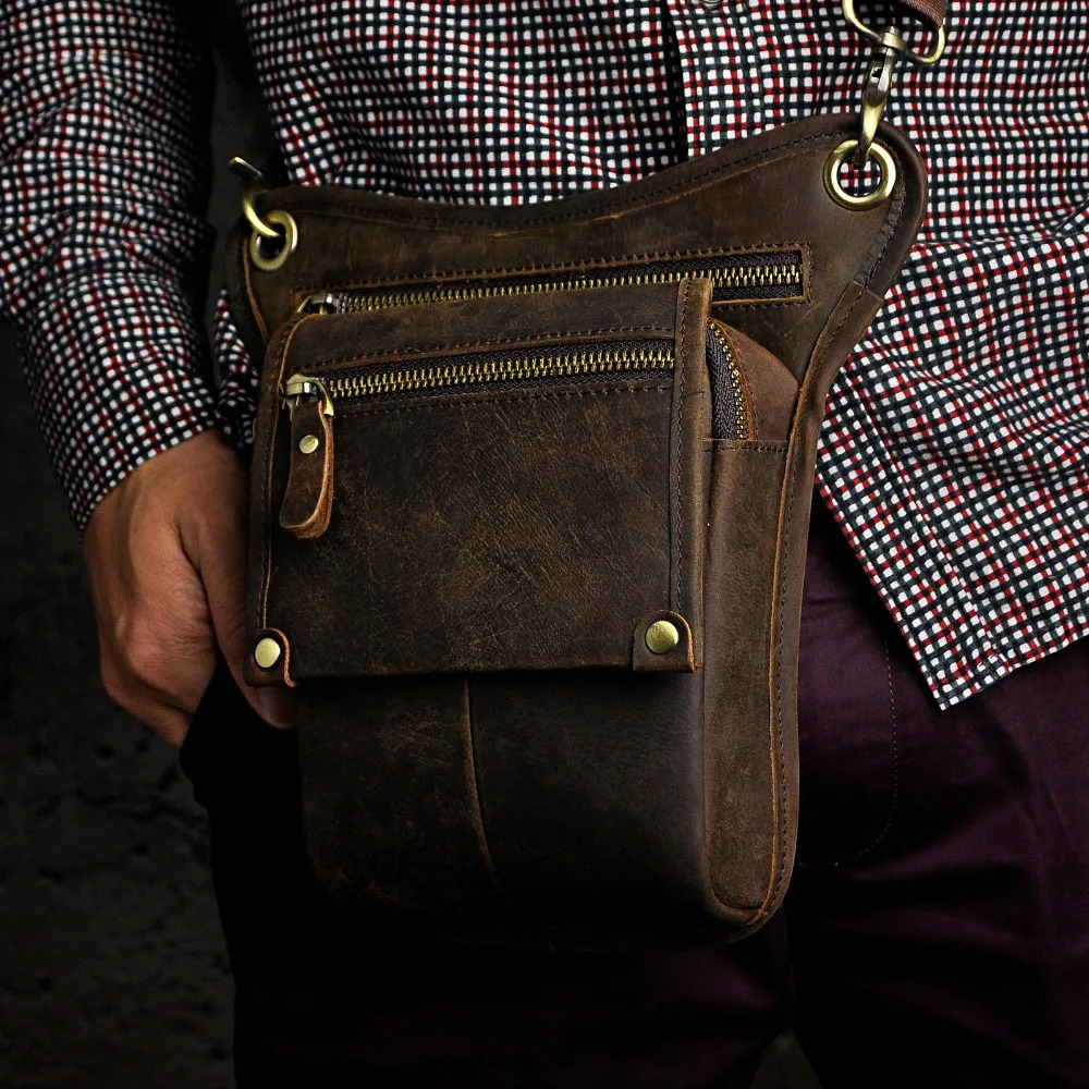 Crazy Horse Leather men Multi-function Small Messenger Bag Fashion Travel Belt Waist Pack Drop Leg Bag Pouch Male 211-4-d 250314