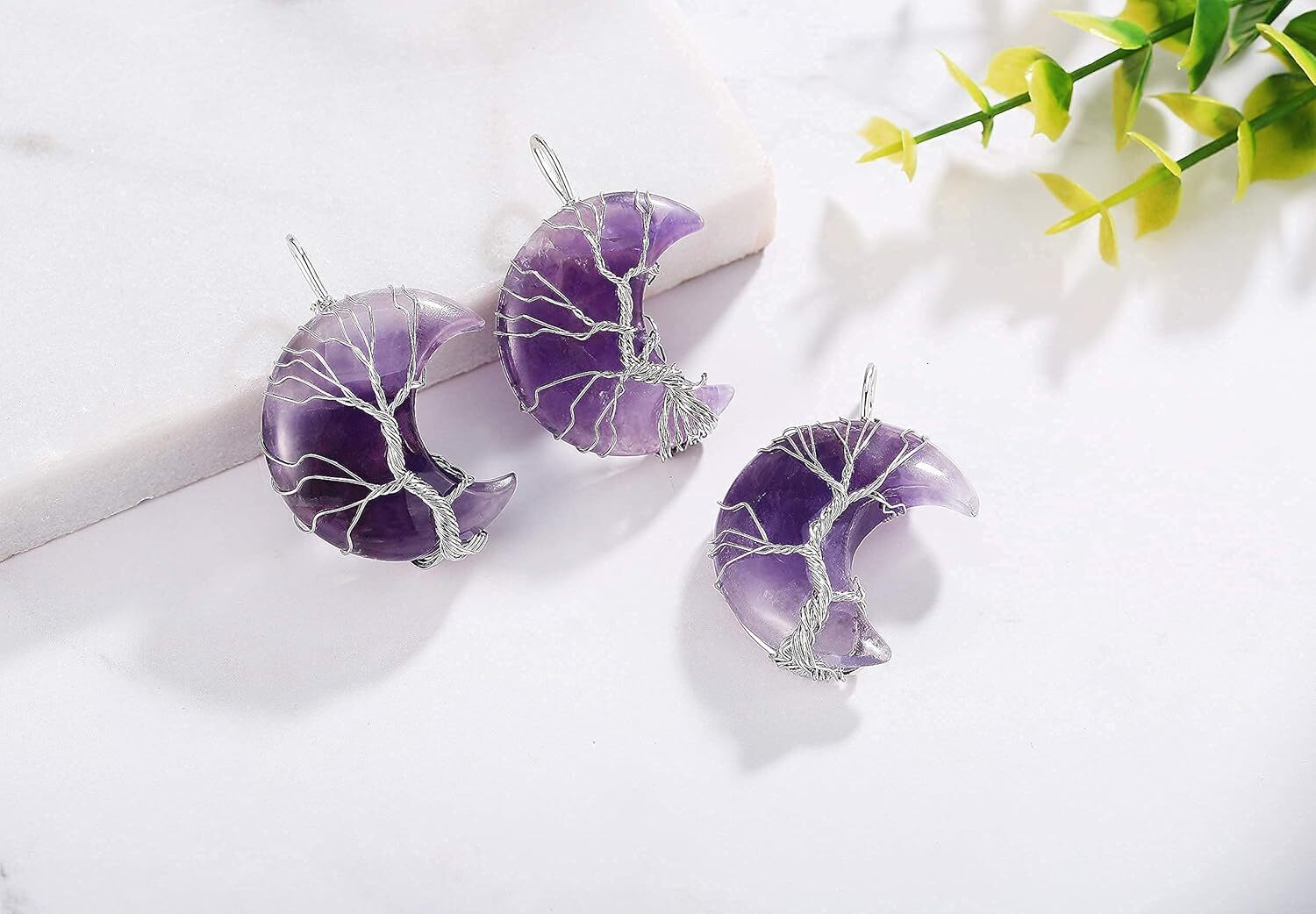 Women's New Moon Pendant Tree of Life Metal Wire Wrapped Crystal Necklace Natural Quartz Jewelry Women and Men