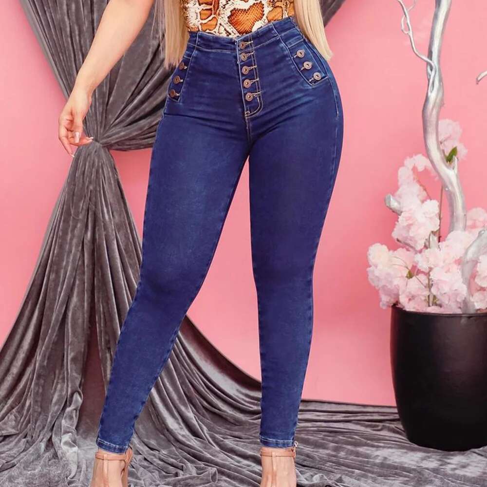 2023 Elasticity Skinny Jeans For Women High Waist Pants Button Style Butt Lifting Fashion Stretch Dark Blue Trousers