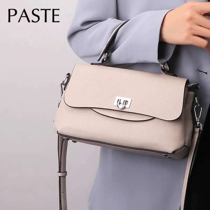 New Beige Pure Color Summer Lock Hand Genuine Cow Shoulder Bag Women Flap Elegant Lady Real Leather Handbags Trendy