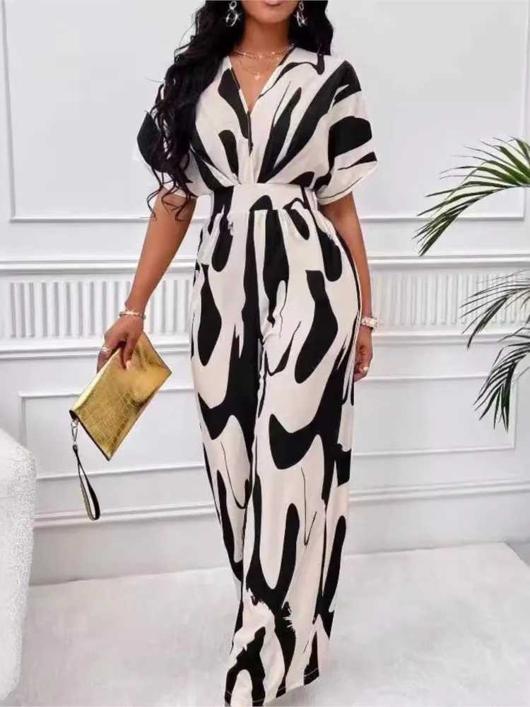 Womens fashionable jumpsuit short sleeved high waisted sexy V-neck printed wide leg pants summer new casual womens dress X2503181