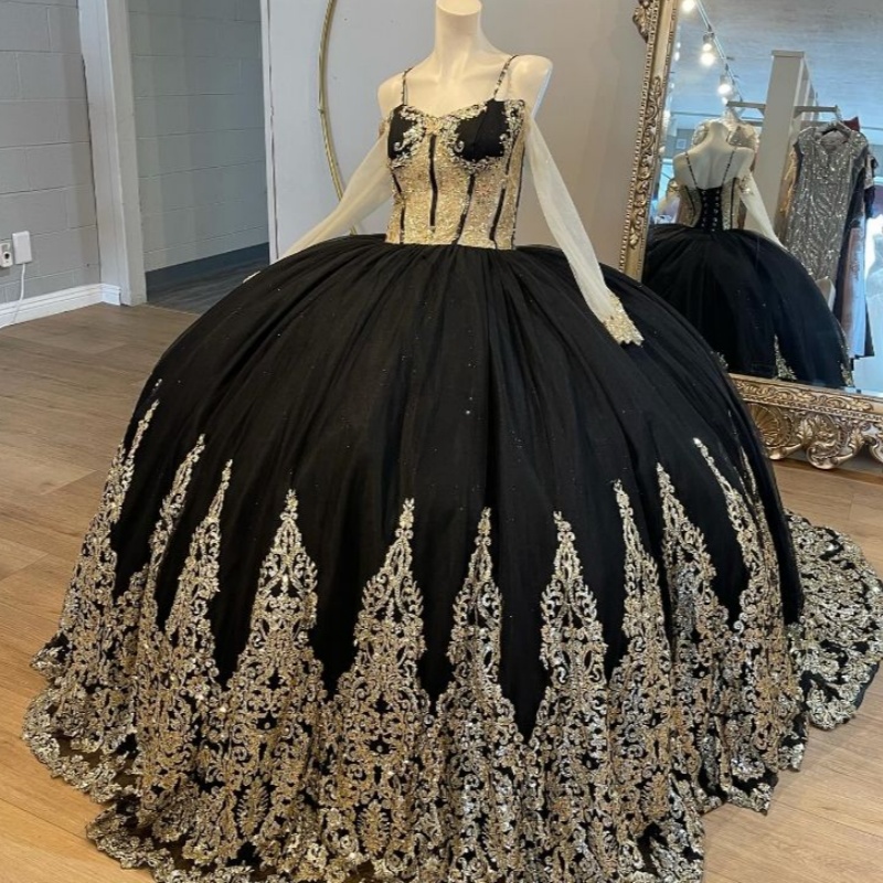 Black Shiny Quinceanera Dresses Princess Gown Gold Appliques Lace Beads Tull Long Sleeves Party Birthday Sweet 16 Dress Vestidos De 15 Anos