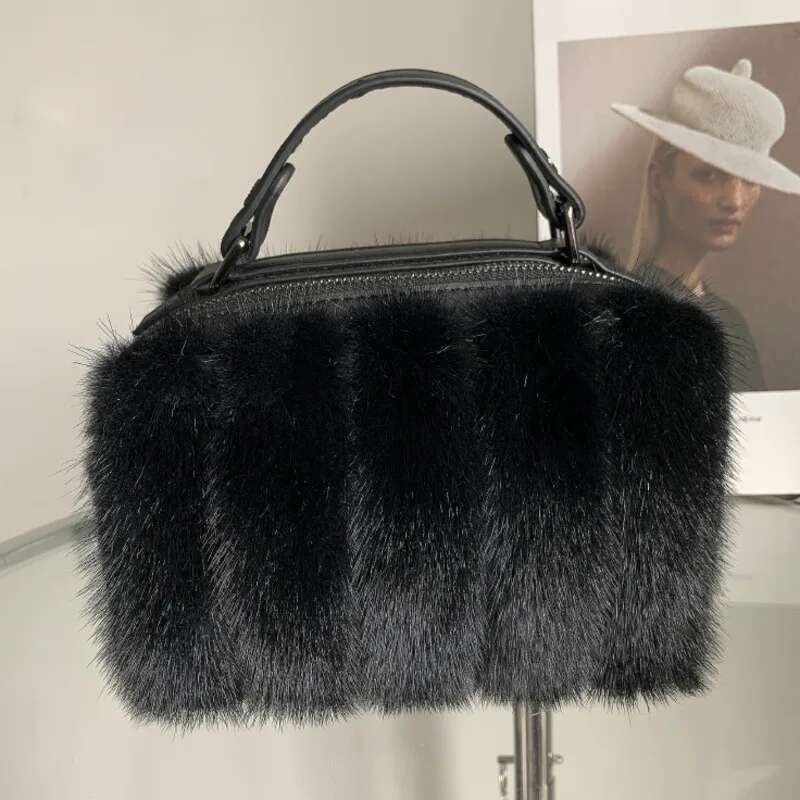 Bag Female Black White Handbag Real Mink Fur Shoulder Crossbody For Women Winter Furry Messenger Hand Bags