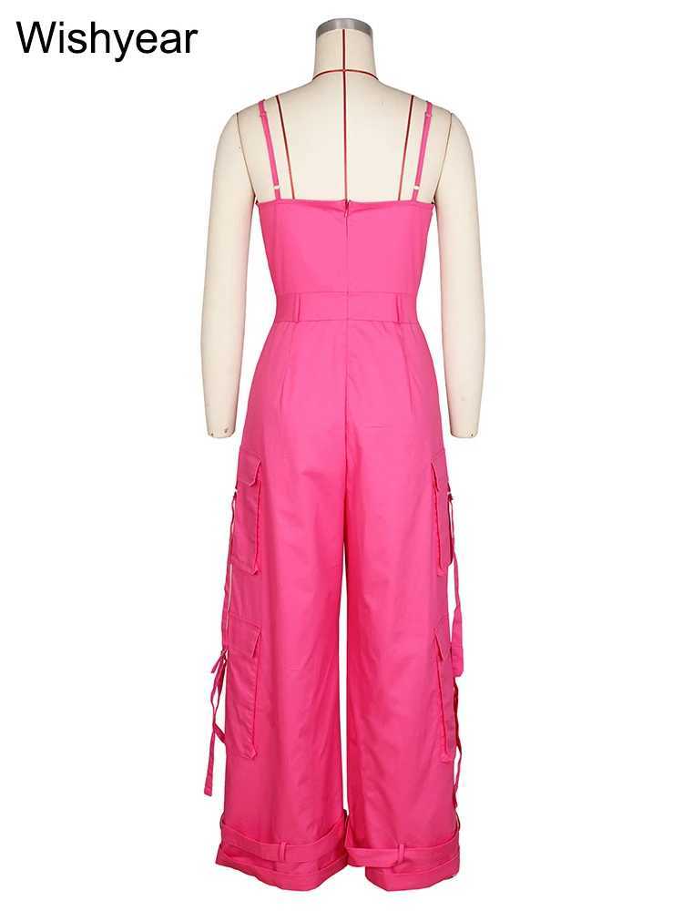 Fashion Multi Pocket Cargo Pants Wide Leg Jumpsuit Rompers Women Khaki Spaghetti Strap Backless One Piece Overalls Strtwear X250318