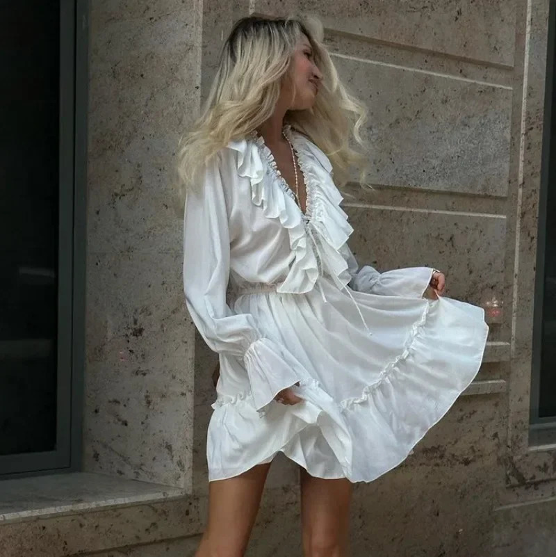 Mandylandy Fashion V-neck Sweat Dress Women Long Sleeve Pleating Bell Sleeve Ruffles White Dress High Waist Ruffle Mini Dress 250314