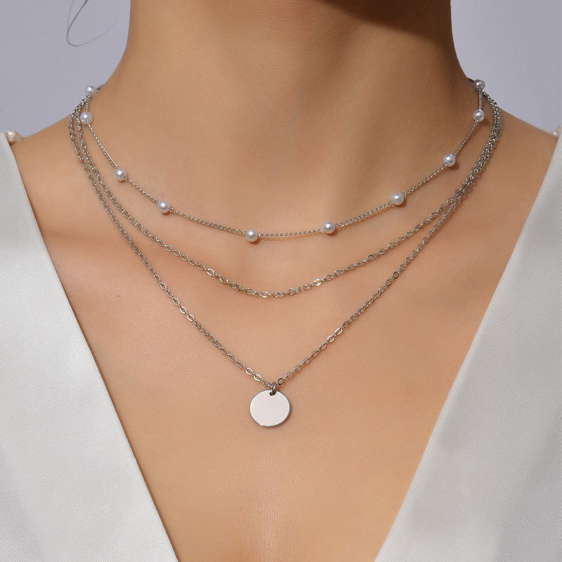Imitation Pearl Chain Round Piece Pendant Three Layer Necklace Women Simple Collarbone Chain Choker Jewelry