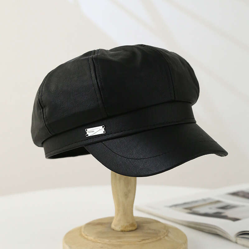 Women's autumn and winter leather octagonal women's Korean version three-dimensional hat, fashionable newsboy hat