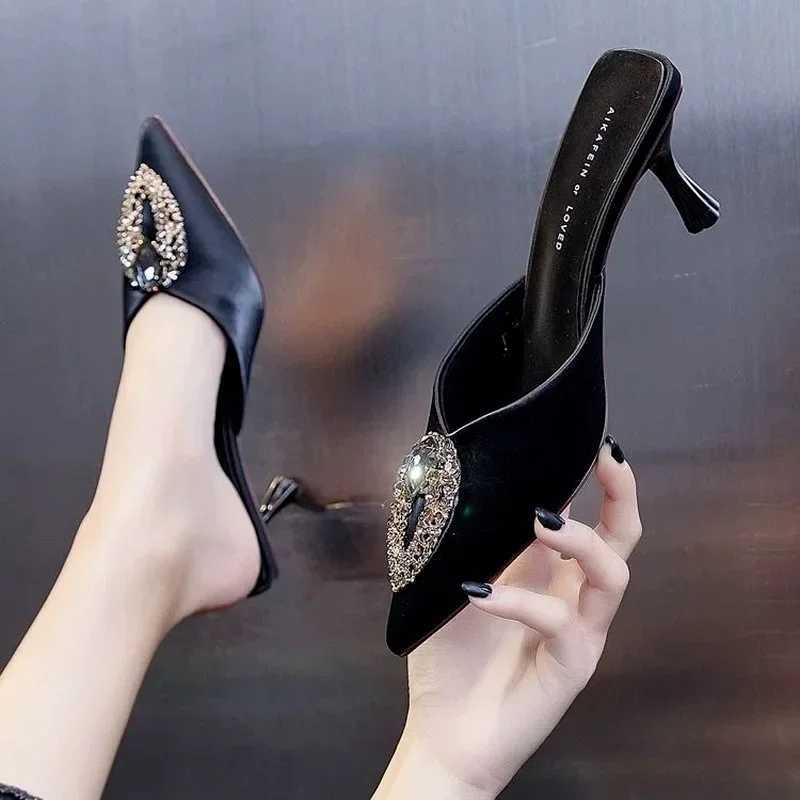 Slides Heeled Shoes Pointed Toe Knife Outside Rhenste Job Red Wens Slippers and Ladies Sandals Crystals Pvc S B W Luxury Y250317
