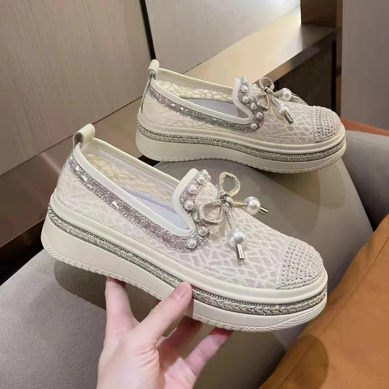 Shoes Woman 2025 Casual Female Sneakers Bow-Knot Pearl Decorateion Mixed Colors Round Toe Flats Crystal Butterfly Beading Su 250318