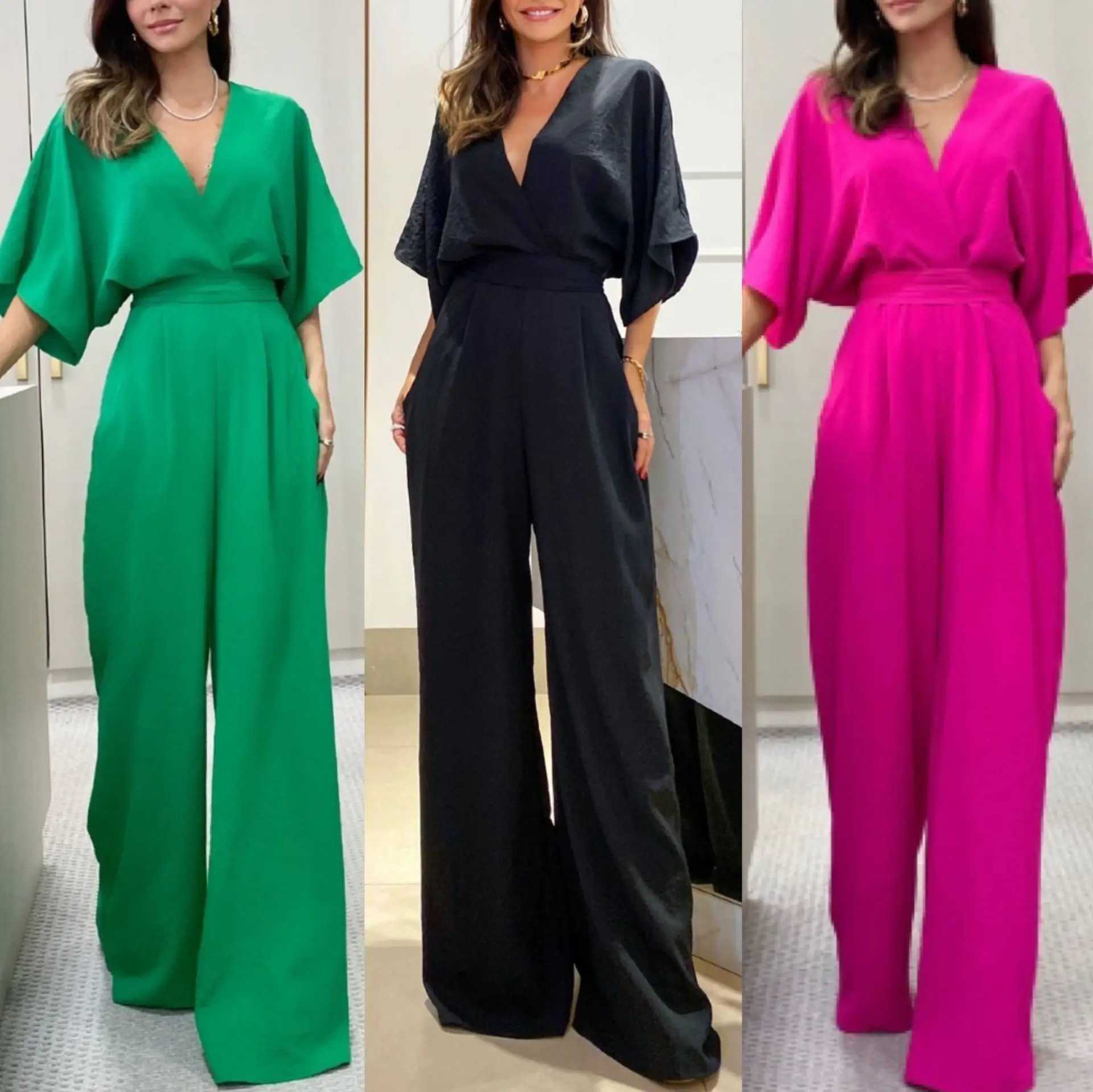 Womens jumpsuit wide leg pants V-neck one-piece splicing full length Slve solid waistband high Strt loose fit X250318