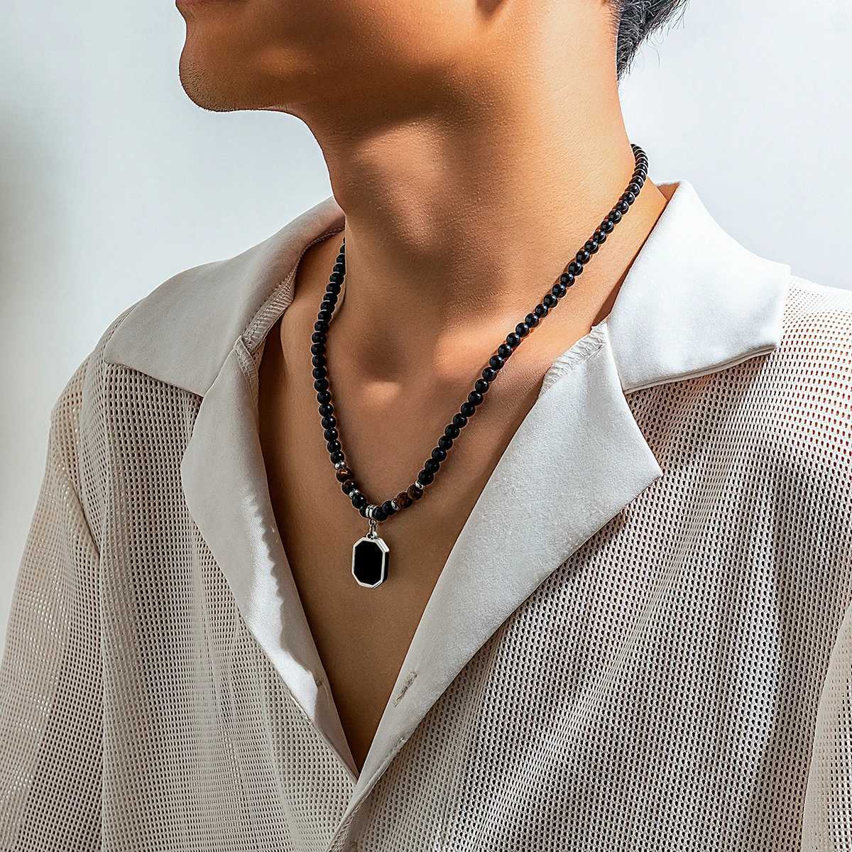 Salicon Simple Black Tiger Stone Beaded Clavicle Necklace Punk Geometry Stainless Steel Pendant Necklace Mens Casual Jewelry W250318