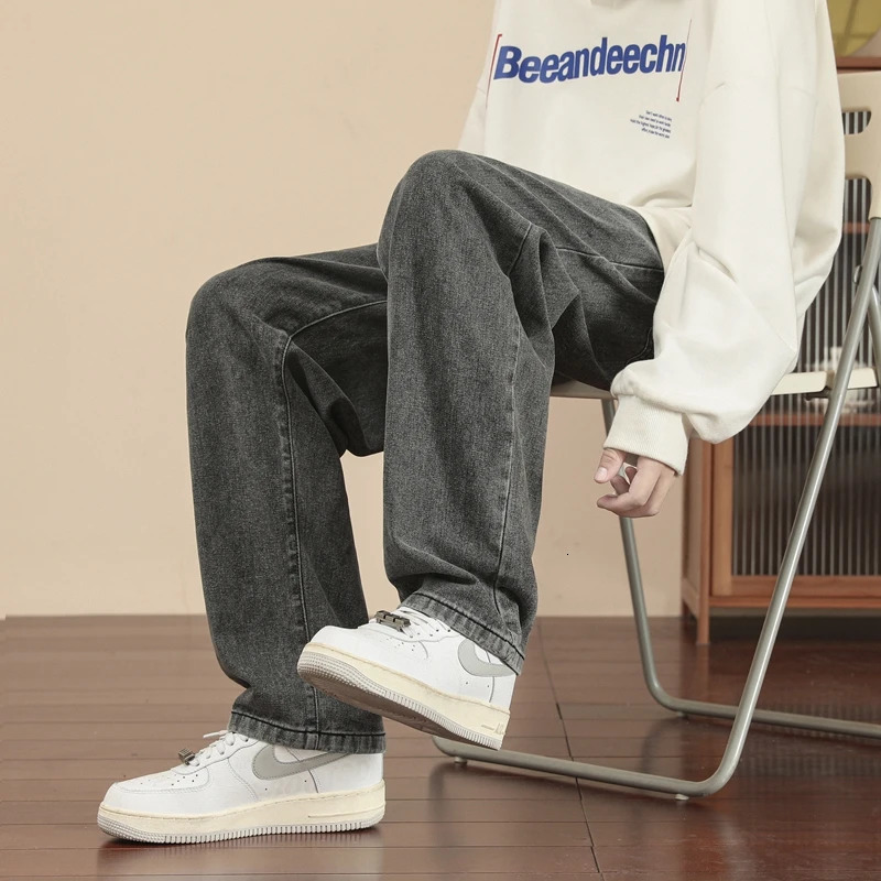 Korean Fashion Mens Casual Ankle-Length Jeans Classic Man Straight Denim Wide-leg Pants Light Blue Grey Black 3XL 250318