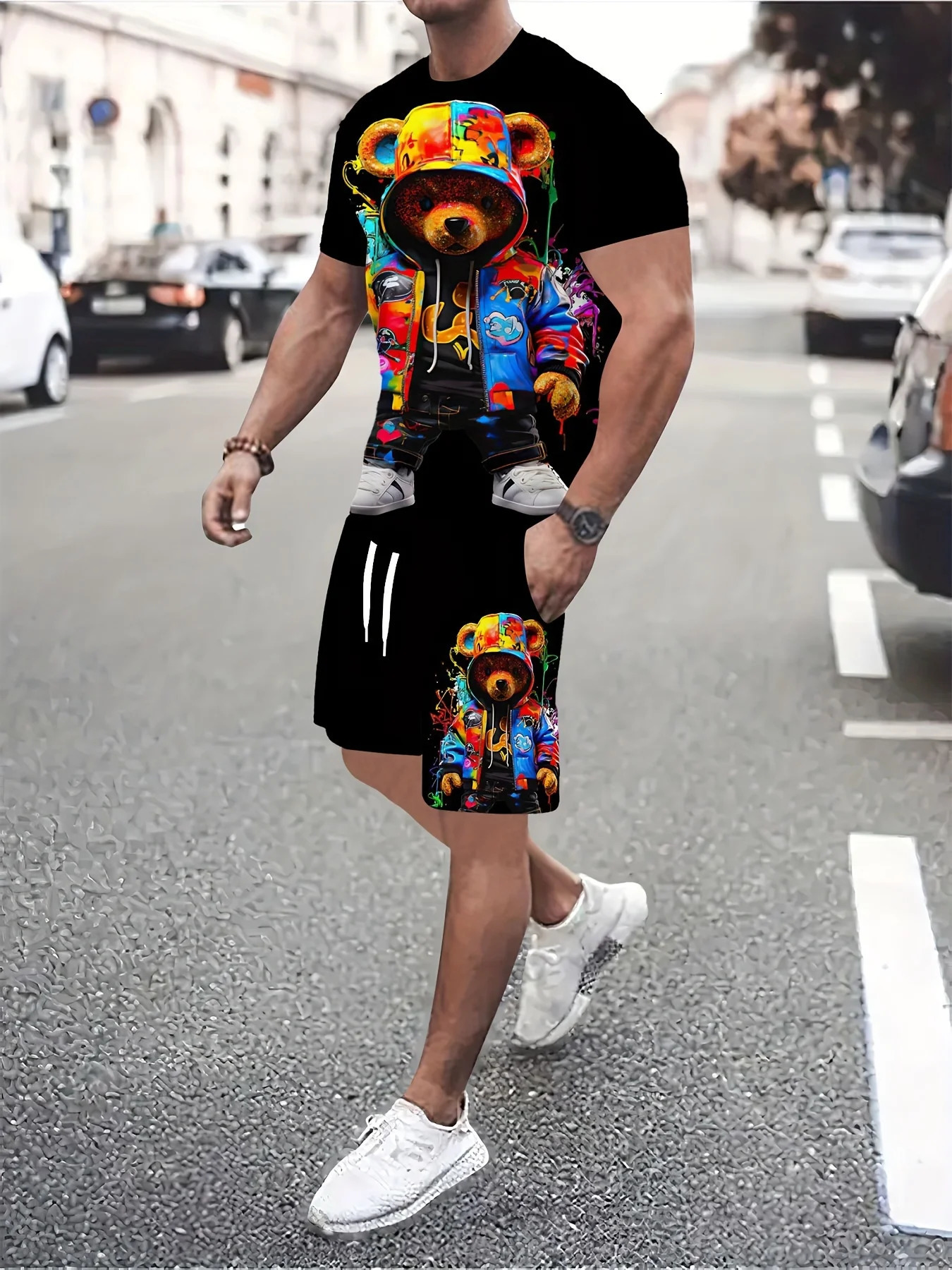 2-piece 3D Cartoon Rabbit Print Mens T-shirt Shorts Set Summer Casual Everyday Short Sleeve Top Outdoor Street Sports Shorts 250318