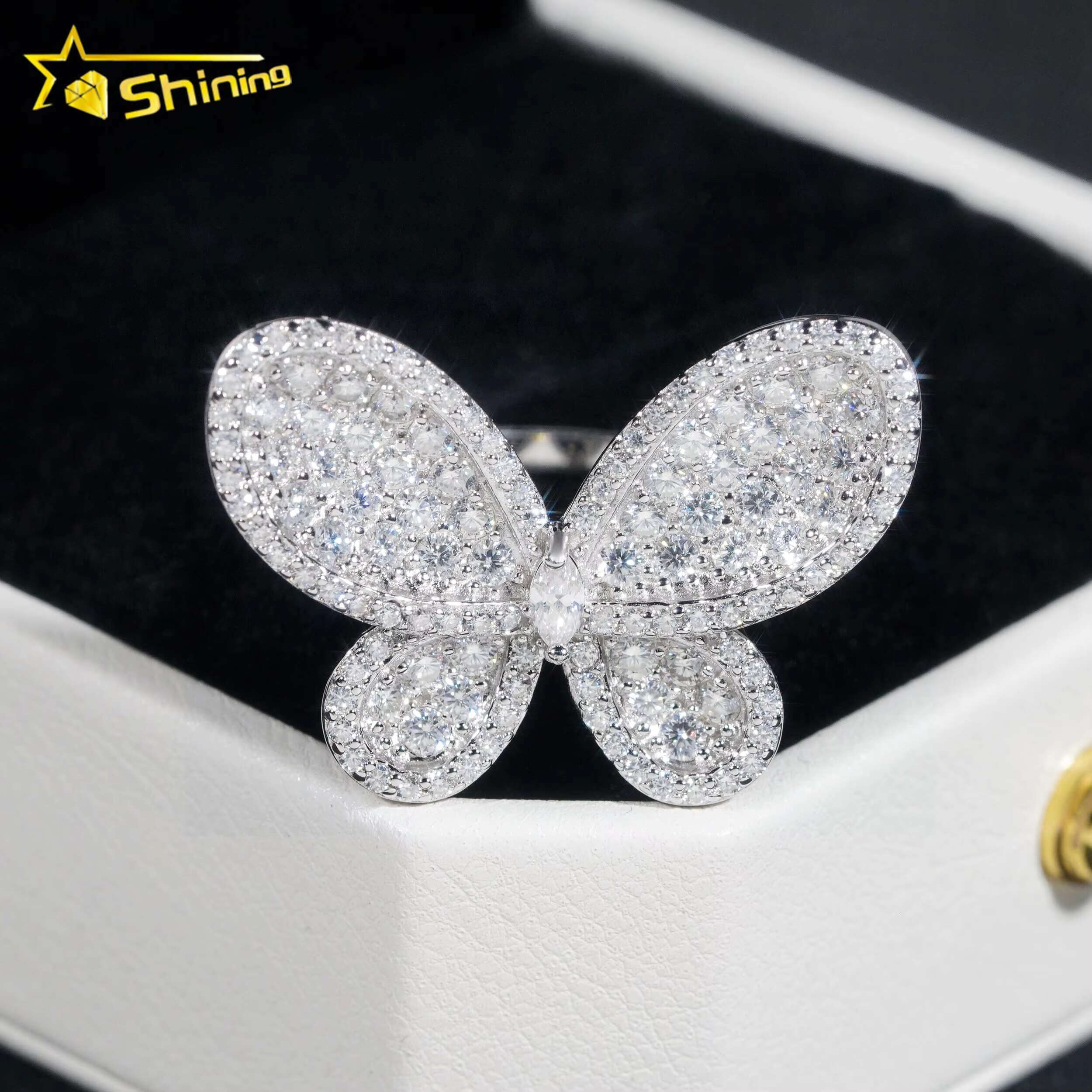 Drop Shipping Sier Gold Plated Hip Hop Jewelry New Style Butterfly VVS Dia Moissanite Ring