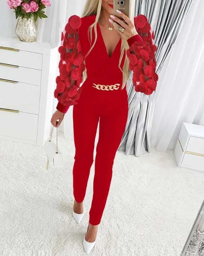 Jumpsuit Women Spring Fashion Floral Pattern Shr Mesh Patch Chain Decor Casual V-Neck Long Sleeve Skinny Daily Long Jumpsuit X250318