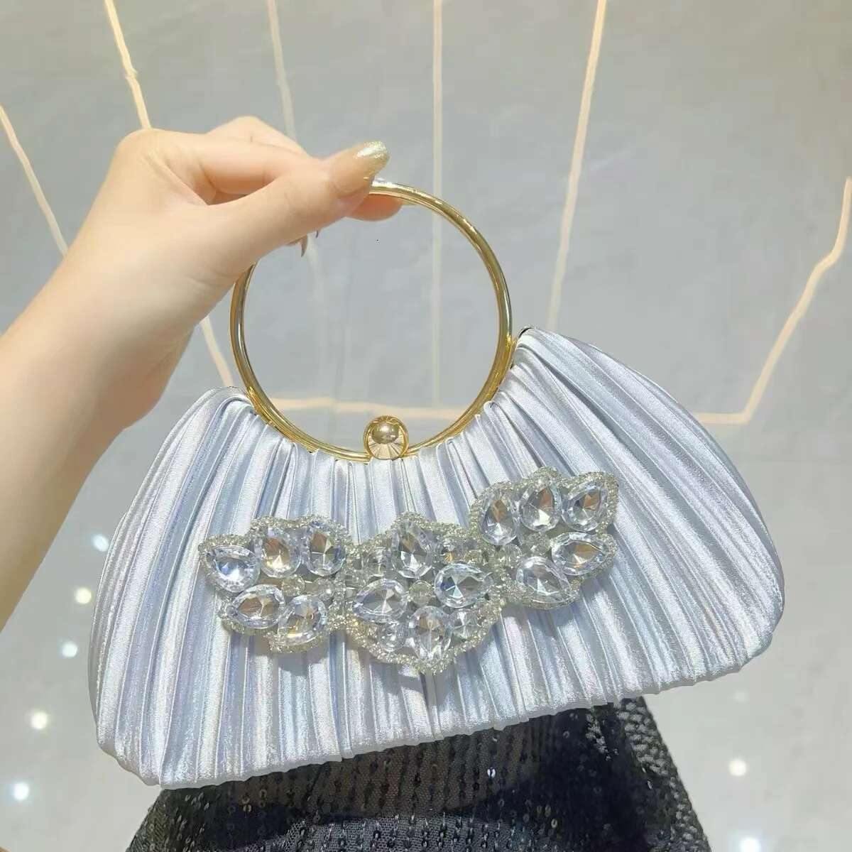 Crystal Shiny Rhie Dia Square Satin Pleated Women's Handbag Evening Wedding Party Clutch Purse Shoulder Bag