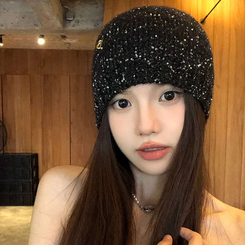 Zhao Lusi's same dark bow sequin knitted cold Korean version early autumn small fragrance style spicy girl headband hat