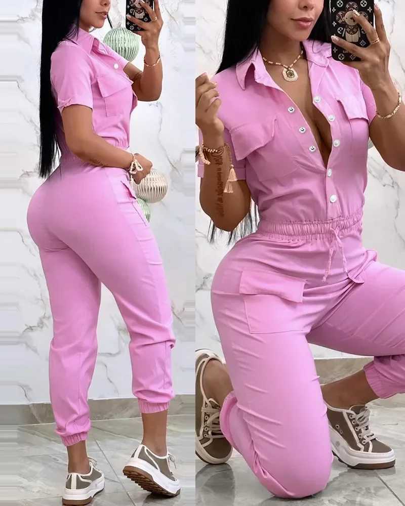 New womens workwear with short sleeves and Sly pocket design featuring a lapel elastic waist brushed cuffs and cargo jumpsuit X250318