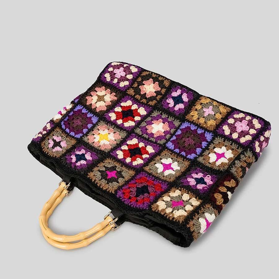 Vintage Crochet Granny Square Tote Designer Bamboon Handle Women Handbags Knitted Handmade Woven Big Shopper Purses 2023 Bag