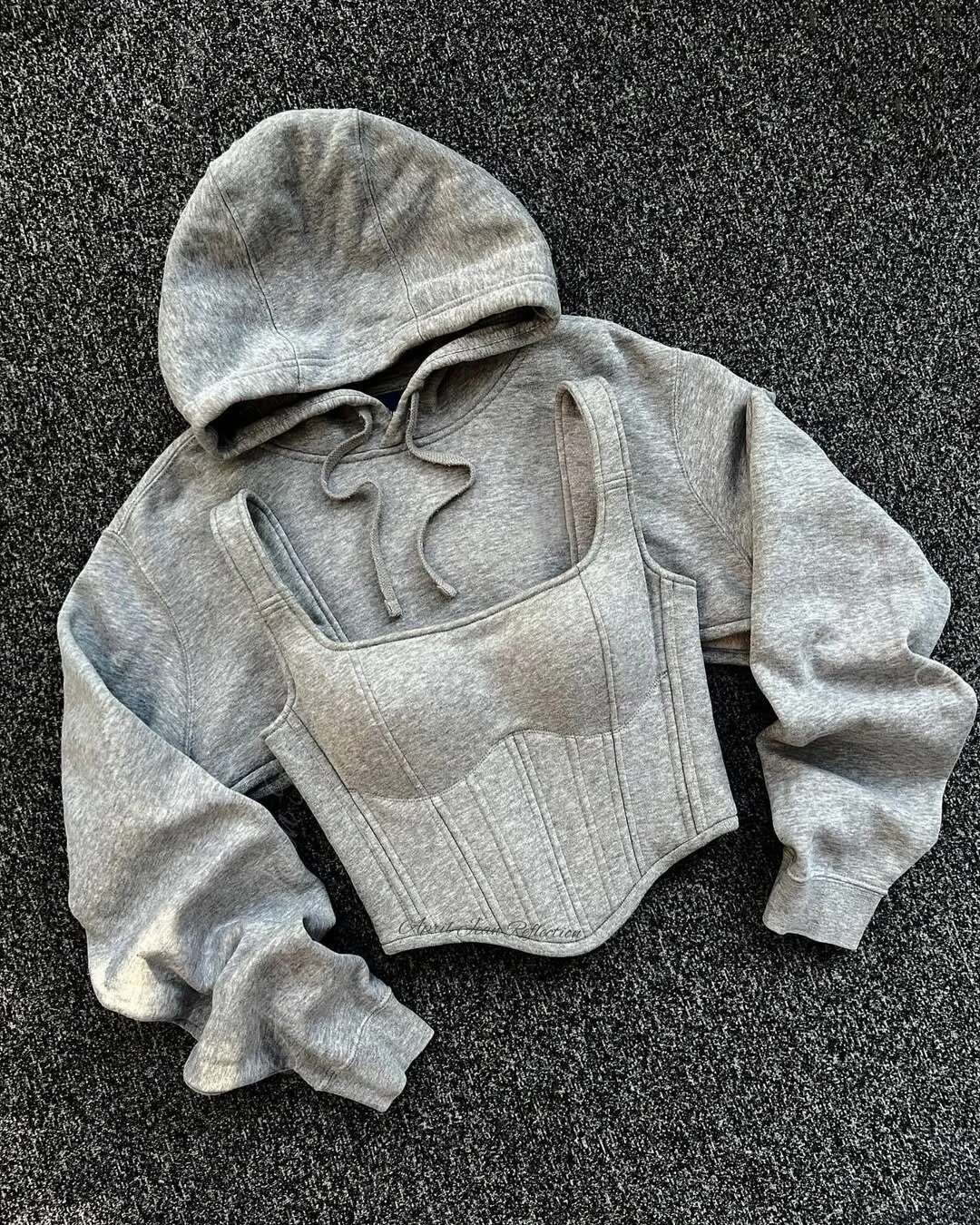 Y2k Solid Color Sexy Corset And Hoodies Set Sensual Spice Girl Strap Crop Tops Patchwork Fishbone Bandage Corsets Casual Hoodie