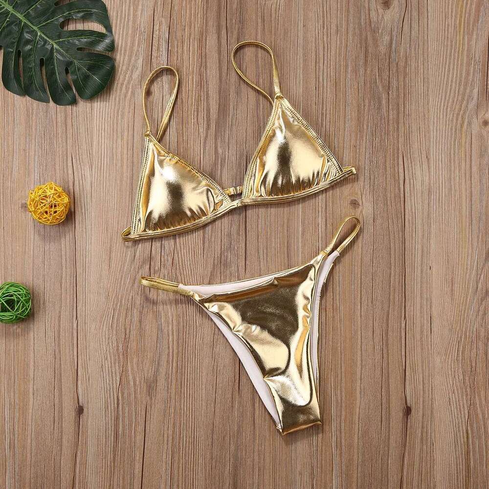 Women's triangle bikini set, shiny gold bra, two sexy swimsuits, thong tie, side swimsuit