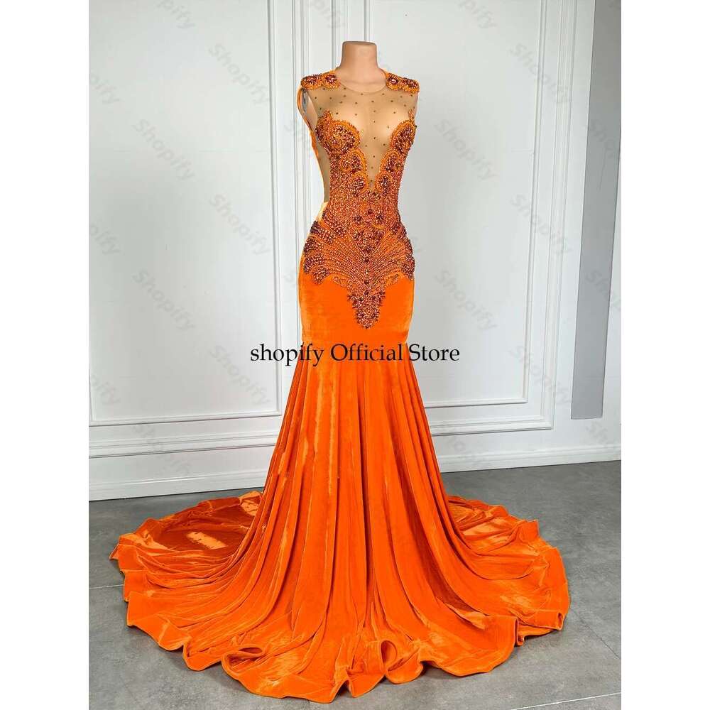 Elegant Long Orange Veet Prom Dress For Black Girls 2025 Rhie Dia Mermaid Birthday Party Gowns Customized Dr0318