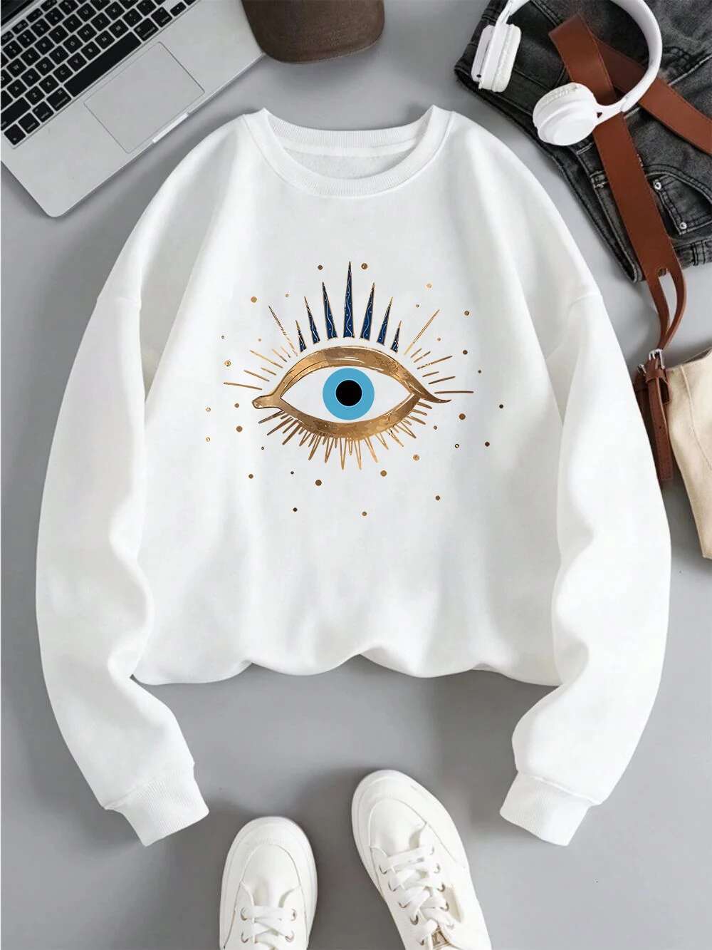 Designer Hoodie For Autumn And Winter Casual Women's Sportswear Retro Devil's Eye Printed Pullover Soft Breathable Loose Round Neck Hoodie W