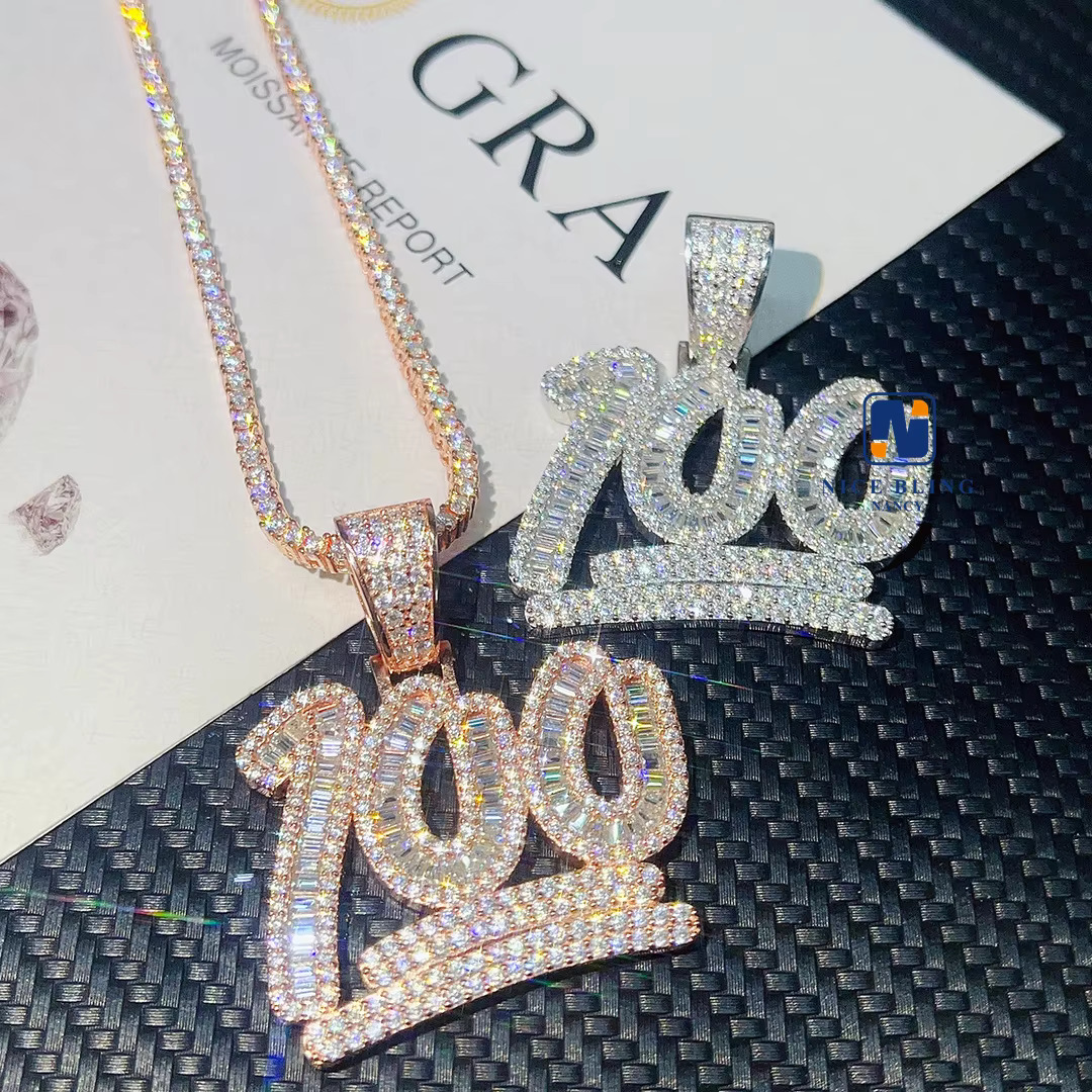 Hip Hop Jewelry Custom Charm Lucky Number 100 Pendant Baguette VVS Moissanite Pendant Iced Out Necklace