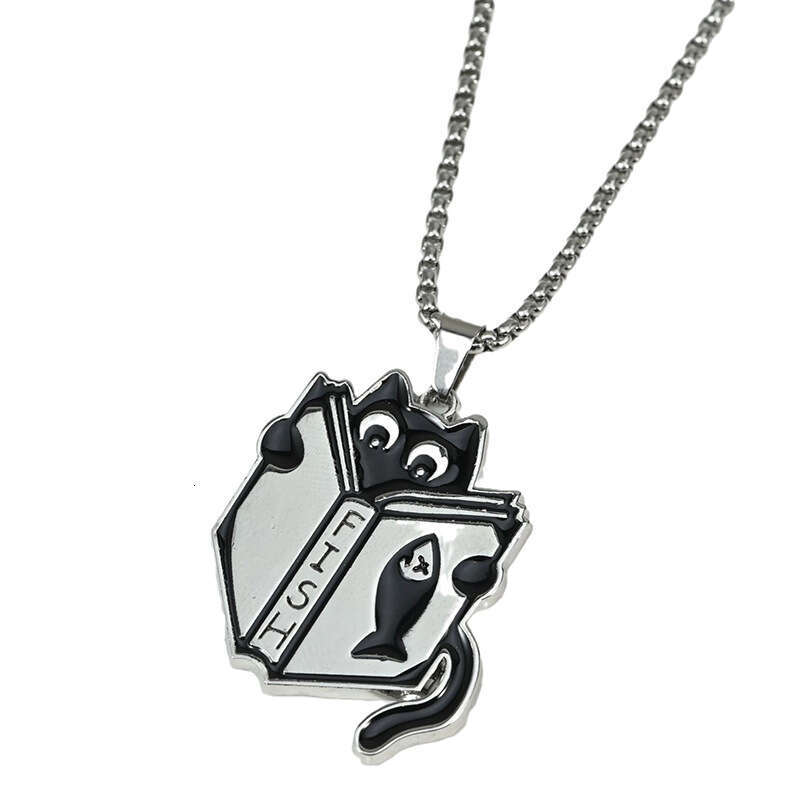 FISH Reading Necklace Stainless Steel Ins Small and Minimally Creative Learning Little Black Cat Cute Pendant