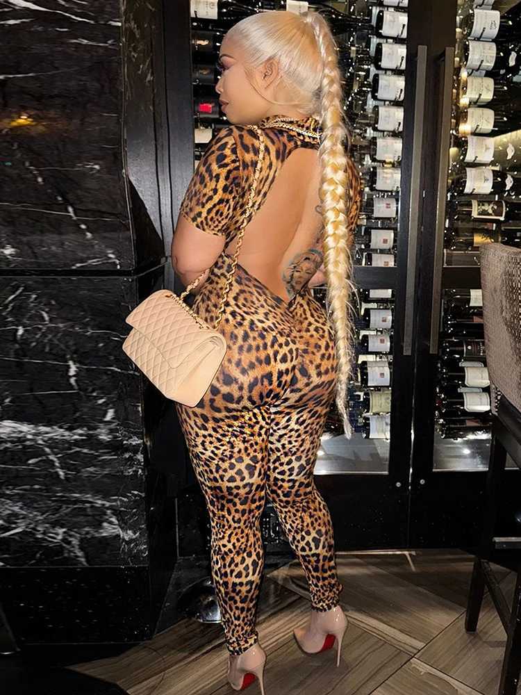 Sibybo backless leopard print jumpsuit for women fashionable semi high neck short Slve slim fit bodysuit party jacket X250318