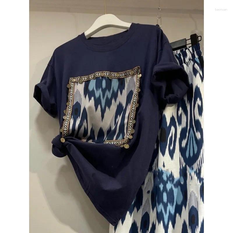 Womens Tracksuits Summer Two Piece Set 2025 Women Clothing Print Short Sleeve Tshirts High Waist Chiffon Wide Leg Pants Outfits Casual