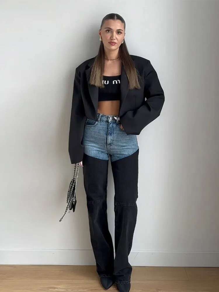 Fashion Y2k Patchwork Jeans For Women High Waist Zippers Button Pocket Straight Denim Pants 2025 Spring Summer Trousers Street