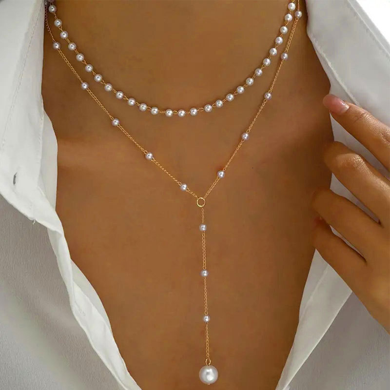 Imitation Pearl Double Necklace Female Personality Y-shaped Pearl Fringe Multi-layer Clavicle Chain Jewelry