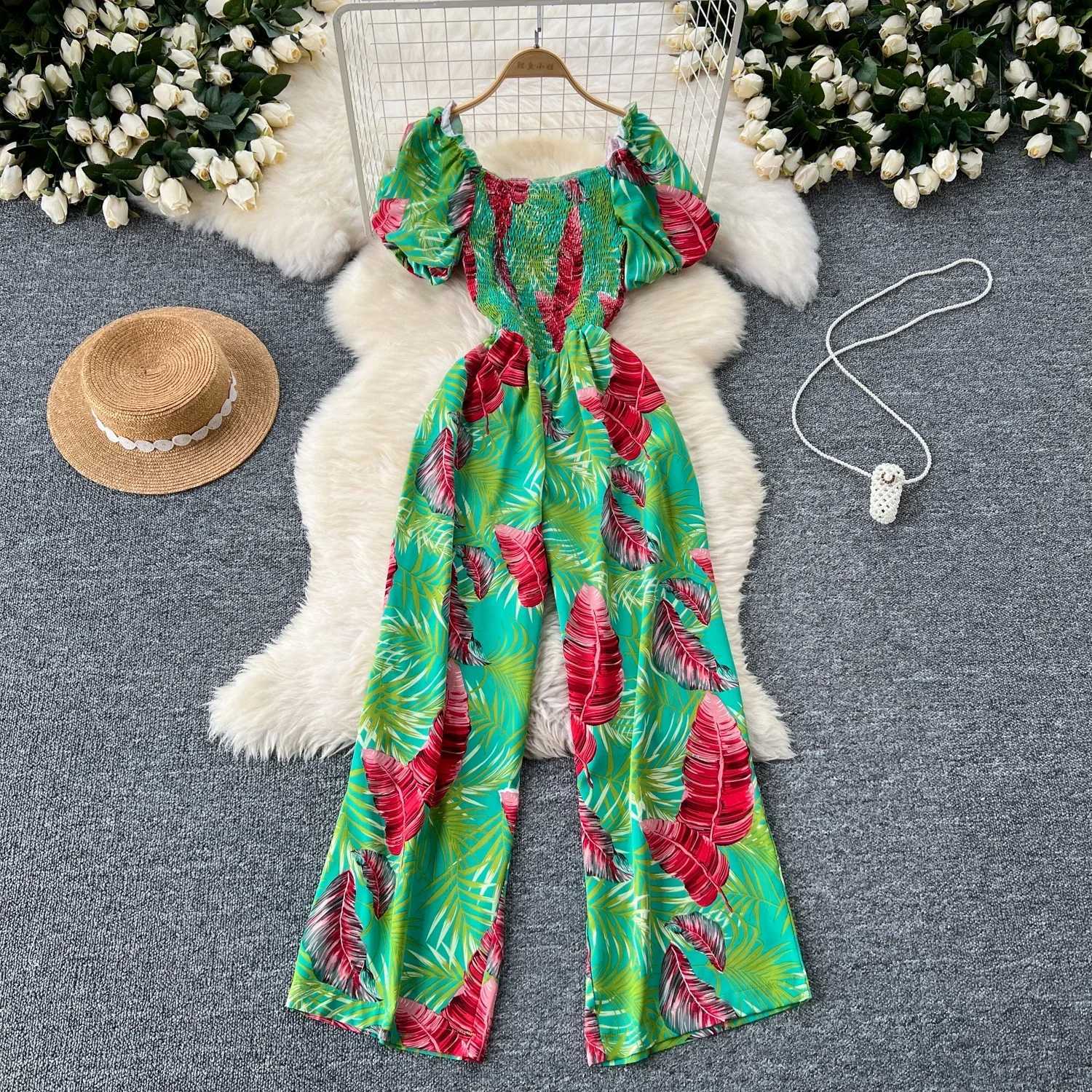Square neckline loose pleated jumpsuit with pleated edges backless wide leg pants for women elegant and fashionable printed Playsuits X250318